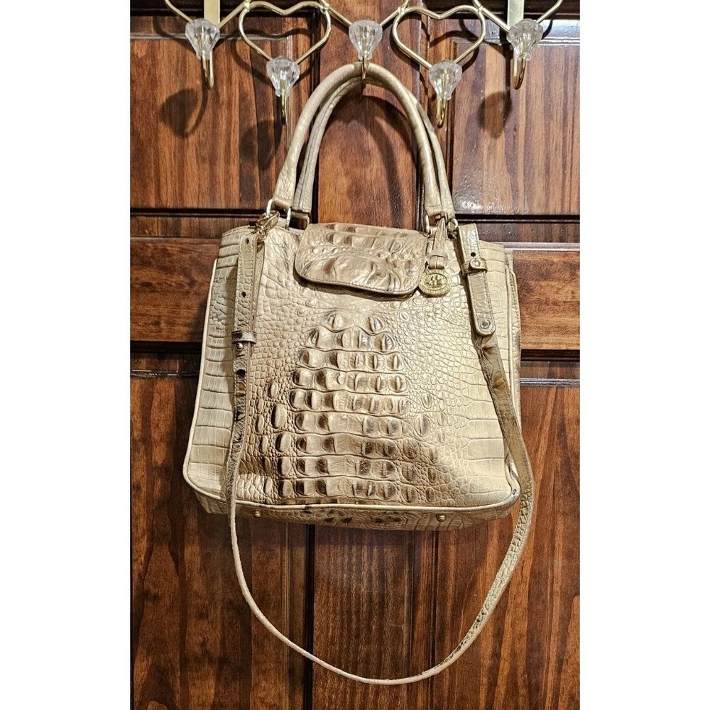 Brahmin Vintage Melbourne Crocodile Embossed Leather Satchel Bag Beige